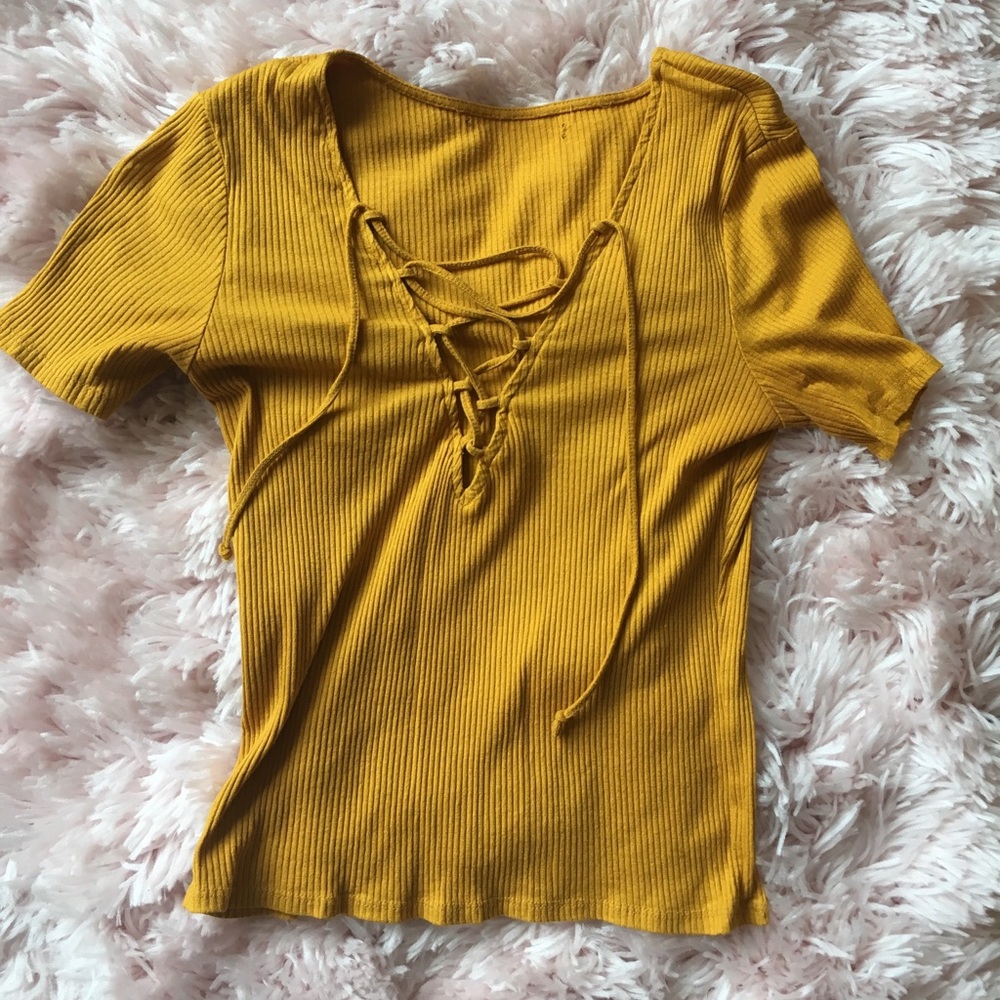 Mustard yellow ribbed lace up shirt